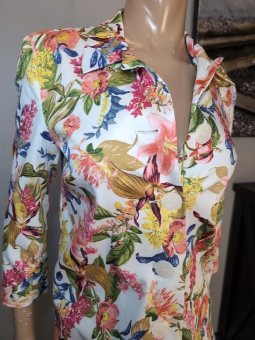 Jessica Floral Blazer Jacket Size 6 Cotton Tailored Mid Length Spring White - Picture 2 of 14